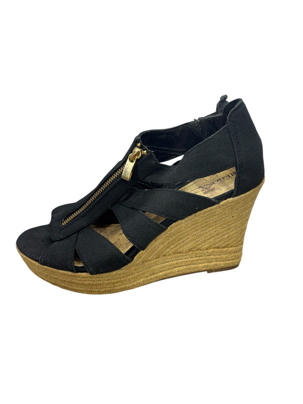 Merona Women's Black Espadrille Wedge Sandals with Gold Front Zipper - Size 10